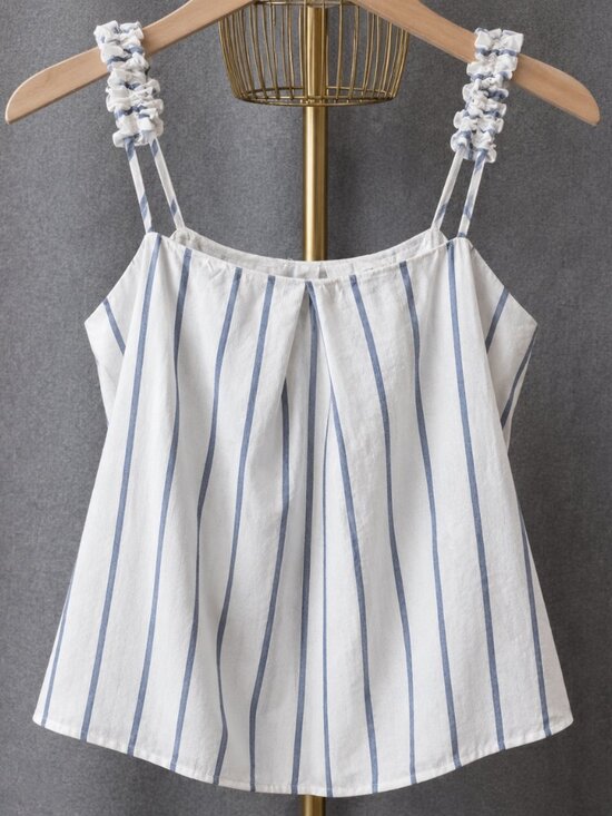 River Island Tops - River Island White Blue Striped Camisole Top Size 12 Ruffle Strap Cotton Viscose
